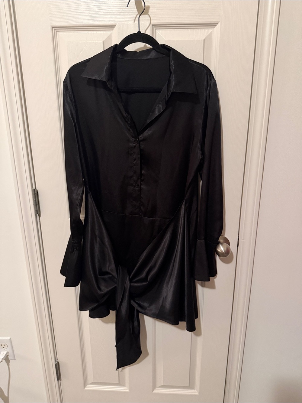 Black Satin Tie-Front Tunic Blouse